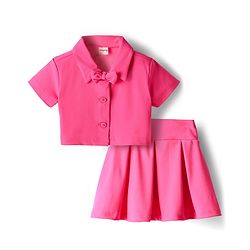 Babyhug Knit Half Sleeves Solid Color Top & Skirt Set with Bow Applique - Dark Pink