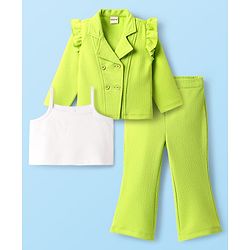 Babyhug Knit Full Sleeves 3 Piece Party Suit - Neon Green & White