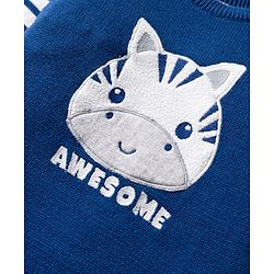 Babyhug Organic Cotton Knit Full Sleeves Pullover Sweater Set With Zebra Embroidery & Cap - Navy Blue & White
