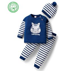 Babyhug Organic Cotton Knit Full Sleeves Pullover Sweater Set With Zebra Embroidery & Cap - Navy Blue & White