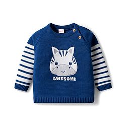Babyhug Organic Cotton Knit Full Sleeves Pullover Sweater Set With Zebra Embroidery & Cap - Navy Blue & White