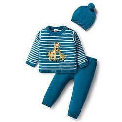 Babyhug Organic Cotton Knit Full Sleeves Striped Pullover Sweater Set with Cap & Giraffe Patch Detailing - Teal Blue