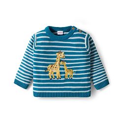 Babyhug Organic Cotton Knit Full Sleeves Striped Pullover Sweater Set with Cap & Giraffe Patch Detailing - Teal Blue