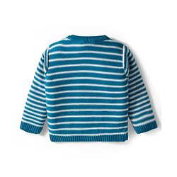 Babyhug Organic Cotton Knit Full Sleeves Striped Pullover Sweater Set with Cap & Giraffe Patch Detailing - Teal Blue