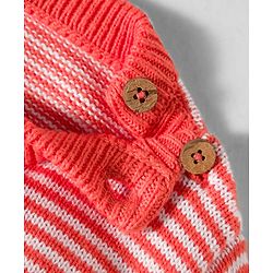 Babyhug Organic Cotton Knit Full Sleeves Striped Pullover Sweater Set with Cap & Bear Patch Detailing - Dark Peach