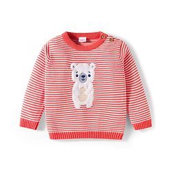 Babyhug Organic Cotton Knit Full Sleeves Striped Pullover Sweater Set with Cap & Bear Patch Detailing - Dark Peach