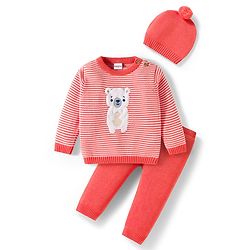 Babyhug Organic Cotton Knit Full Sleeves Striped Pullover Sweater Set with Cap & Bear Patch Detailing - Dark Peach
