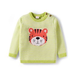 Babyhug Organic Cotton Knit Full Sleeves Striped Pullover Sweater Set with Cap & Tiger Patch Detailing - Limegreen