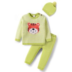 Babyhug Organic Cotton Knit Full Sleeves Striped Pullover Sweater Set with Cap & Tiger Patch Detailing - Limegreen