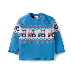 Babyhug Organic Cotton Knitted Full Raglan Sleeves Sweater Set With Tractor Design & Cap - Blue