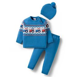 Babyhug Organic Cotton Knitted Full Raglan Sleeves Sweater Set With Tractor Design & Cap - Blue