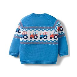 Babyhug Organic Cotton Knitted Full Raglan Sleeves Sweater Set With Tractor Design & Cap - Blue