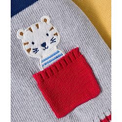Babyhug Organic Cotton Knit Full Sleeves Sweater Set with Color Block Design Tiger Patch Pocket Detailing & Cap - Blue Yellow & Grey