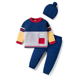 Babyhug Organic Cotton Knit Full Sleeves Sweater Set with Color Block Design Tiger Patch Pocket Detailing & Cap - Blue Yellow & Grey