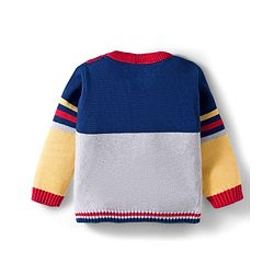 Babyhug Organic Cotton Knit Full Sleeves Sweater Set with Color Block Design Tiger Patch Pocket Detailing & Cap - Blue Yellow & Grey