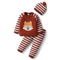 Babyhug Organic Cotton Knit Full Raglan Sleeves Striped Pullover Sweater Set with Cap & Fox Patch Detailing - Brown