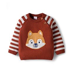 Babyhug Organic Cotton Knit Full Raglan Sleeves Striped Pullover Sweater Set with Cap & Fox Patch Detailing - Brown