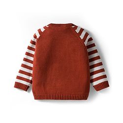 Babyhug Organic Cotton Knit Full Raglan Sleeves Striped Pullover Sweater Set with Cap & Fox Patch Detailing - Brown