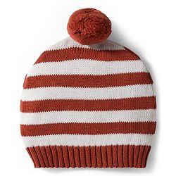 Babyhug Organic Cotton Knit Full Raglan Sleeves Striped Pullover Sweater Set with Cap & Fox Patch Detailing - Brown