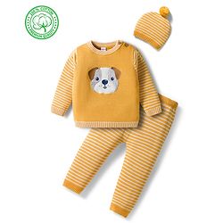 Babyhug Organic Cotton Knitted Full Sleeves Striped Pullover Sweater Set With Dog Embroidery - Yellow