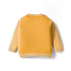 Babyhug Organic Cotton Knitted Full Sleeves Striped Pullover Sweater Set With Dog Embroidery - Yellow