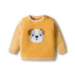Babyhug Organic Cotton Knitted Full Sleeves Striped Pullover Sweater Set With Dog Embroidery - Yellow