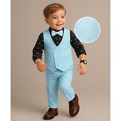 Babyhug Woven Full Sleeves Bird Printed 3 Piece Party Suit With Bow - Aqua Blue