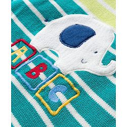 Babyhug Organic Cotton Knitted Full Sleeves Striped Sweater Set With Elephant Embroidery & Cap - Teal Blue & Yellow
