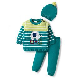 Babyhug Organic Cotton Knitted Full Sleeves Striped Sweater Set With Elephant Embroidery & Cap - Teal Blue & Yellow