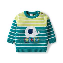 Babyhug Organic Cotton Knitted Full Sleeves Striped Sweater Set With Elephant Embroidery & Cap - Teal Blue & Yellow