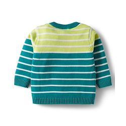 Babyhug Organic Cotton Knitted Full Sleeves Striped Sweater Set With Elephant Embroidery & Cap - Teal Blue & Yellow