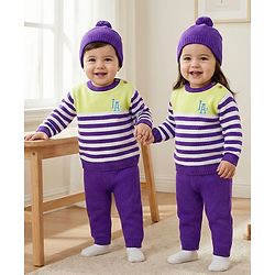 Babyhug Organic Cotton Knit Full Sleeves Striped Pullover Sweater Set with Cap & Embroidery - Purple