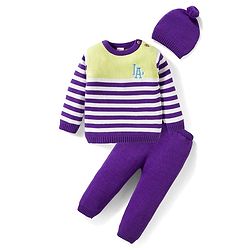 Babyhug Organic Cotton Knit Full Sleeves Striped Pullover Sweater Set with Cap & Embroidery - Purple
