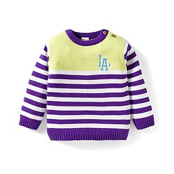 Babyhug Organic Cotton Knit Full Sleeves Striped Pullover Sweater Set with Cap & Embroidery - Purple