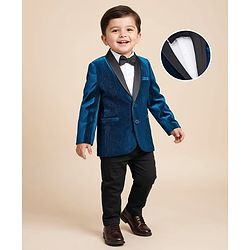 Babyhug Knit Full Sleeves Solid 3 Piece Party Suit With Bow - Navy Blue & White