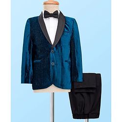 Babyhug Knit Full Sleeves Solid 3 Piece Party Suit With Bow - Navy Blue & White