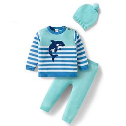 Babyhug Organic Cotton Knit Full Sleeves Striped Pullover Sweater Set with Cap & Patch Detailing - Aqua Blue