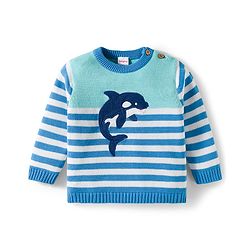 Babyhug Organic Cotton Knit Full Sleeves Striped Pullover Sweater Set with Cap & Patch Detailing - Aqua Blue