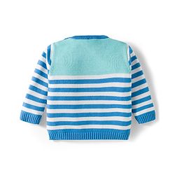 Babyhug Organic Cotton Knit Full Sleeves Striped Pullover Sweater Set with Cap & Patch Detailing - Aqua Blue