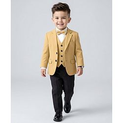 Babyhug Knit Full Sleeves Solid Four Piece Party Suit Set with Bow - Light Brown