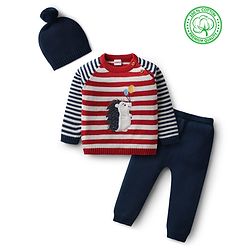 Babyhug Organic Cotton Knit Full Raglan Sleeves Pullover Striped Sweater Set with Cap & Patch Detailing - Navy Blue & Red