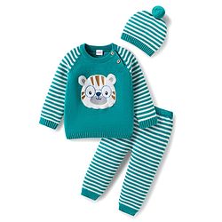 Babyhug Organic Cotton Knit Full Raglan Sleeves Sweater Set with Stripes & Bear Design & Cap - Teal Blue