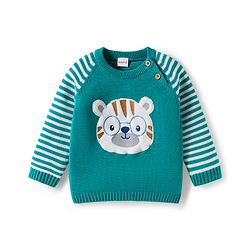 Babyhug Organic Cotton Knit Full Raglan Sleeves Sweater Set with Stripes & Bear Design & Cap - Teal Blue
