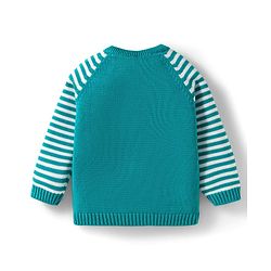 Babyhug Organic Cotton Knit Full Raglan Sleeves Sweater Set with Stripes & Bear Design & Cap - Teal Blue