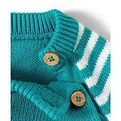 Babyhug Organic Cotton Knit Full Raglan Sleeves Sweater Set with Stripes & Bear Design & Cap - Teal Blue