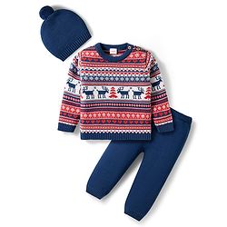 Babyhug Organic Cotton Knit Full Sleeves Sweater Set with Fair Isle Print & Cap - Red & Navy Blue