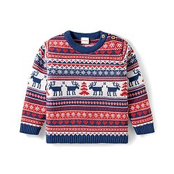 Babyhug Organic Cotton Knit Full Sleeves Sweater Set with Fair Isle Print & Cap - Red & Navy Blue
