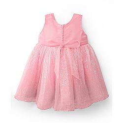 Babyhug Woven Sleeveless Mesh Party Dress with Bow Applique & Sequin Detailing - Pink