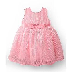 Babyhug Woven Sleeveless Mesh Party Dress with Bow Applique & Sequin Detailing - Pink
