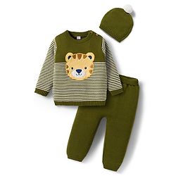 Babyhug Organic Cotton Knitted Full Sleeves Pullover Sweater Set With Tiger Embroidery & Cap - Olive Green